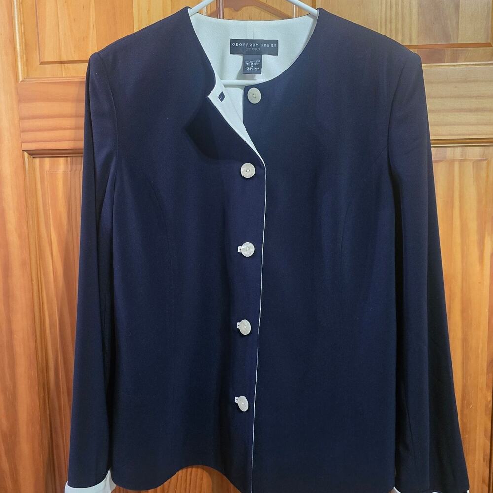 Geoffrey Beene Sport Women's Blue White Button Front Blazer Jacket Size 12 - Picture 1 of 4